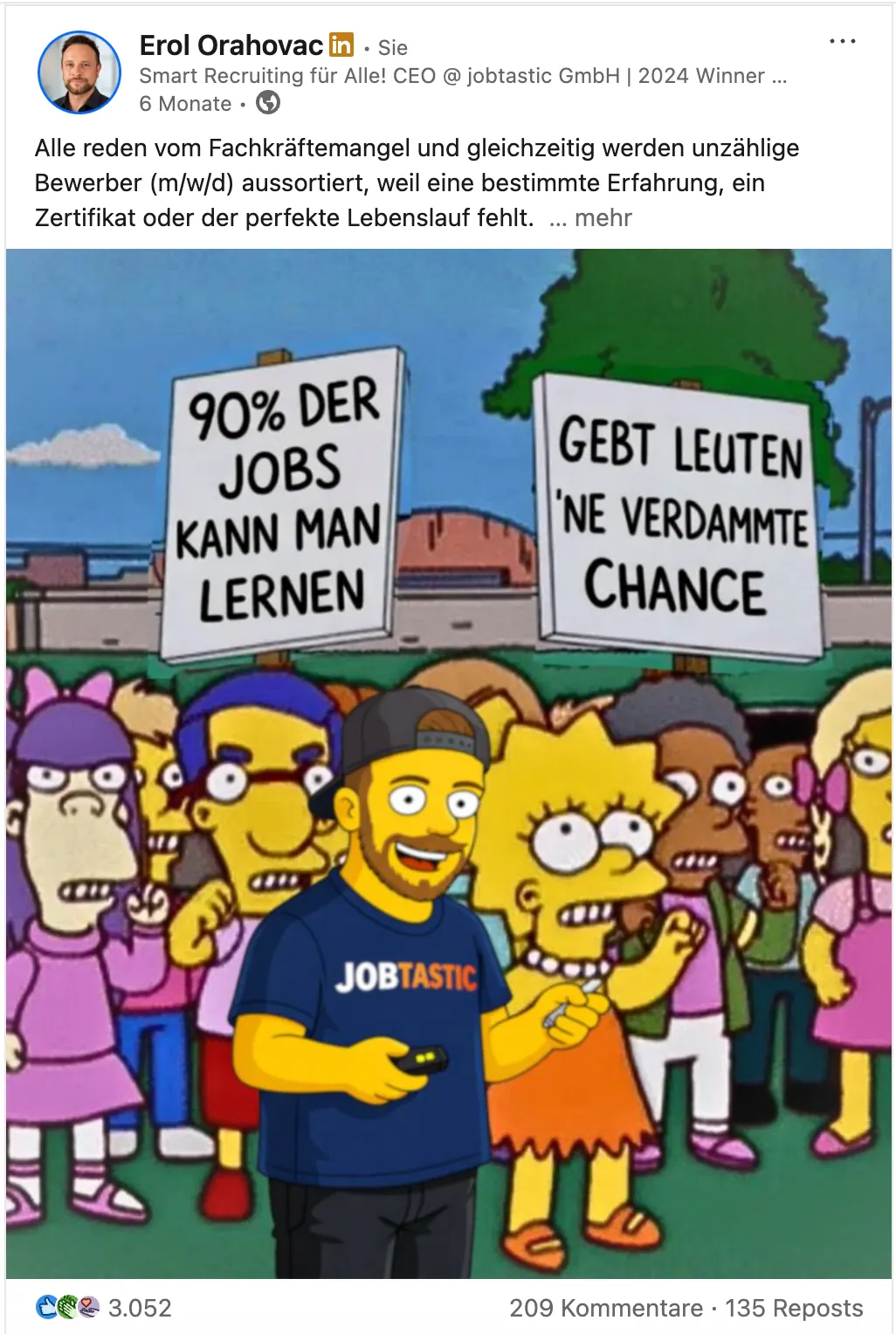 LinkedIn-Beitrag von Erol Orahovac: Simpsons-Bild: „90 % der Jobs kann man lernen – gebt Leuten ’ne Chance“