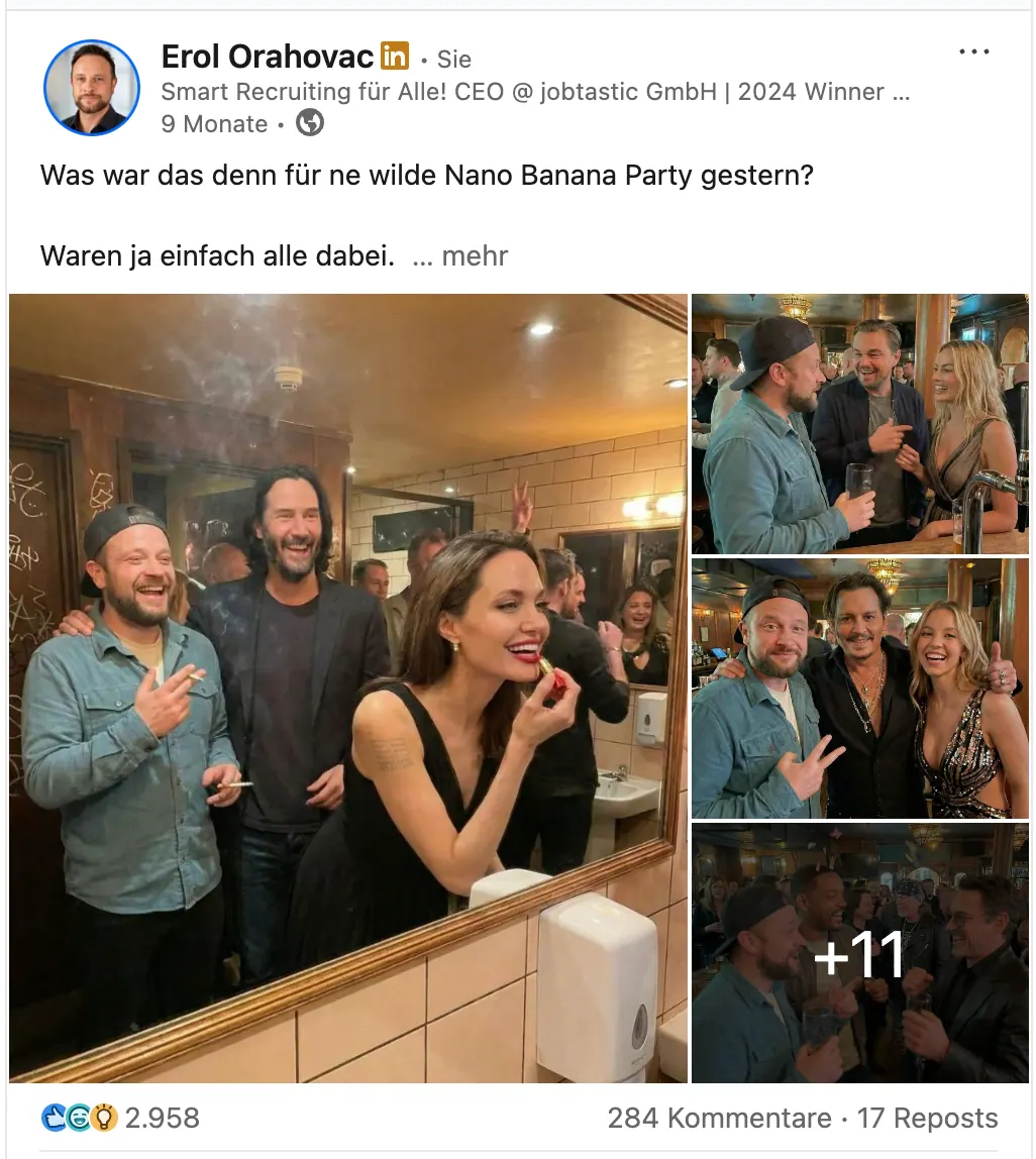 LinkedIn-Beitrag von Erol Orahovac: Fotos von der Nano-Banana-Party mit KI-generierten Prominenten