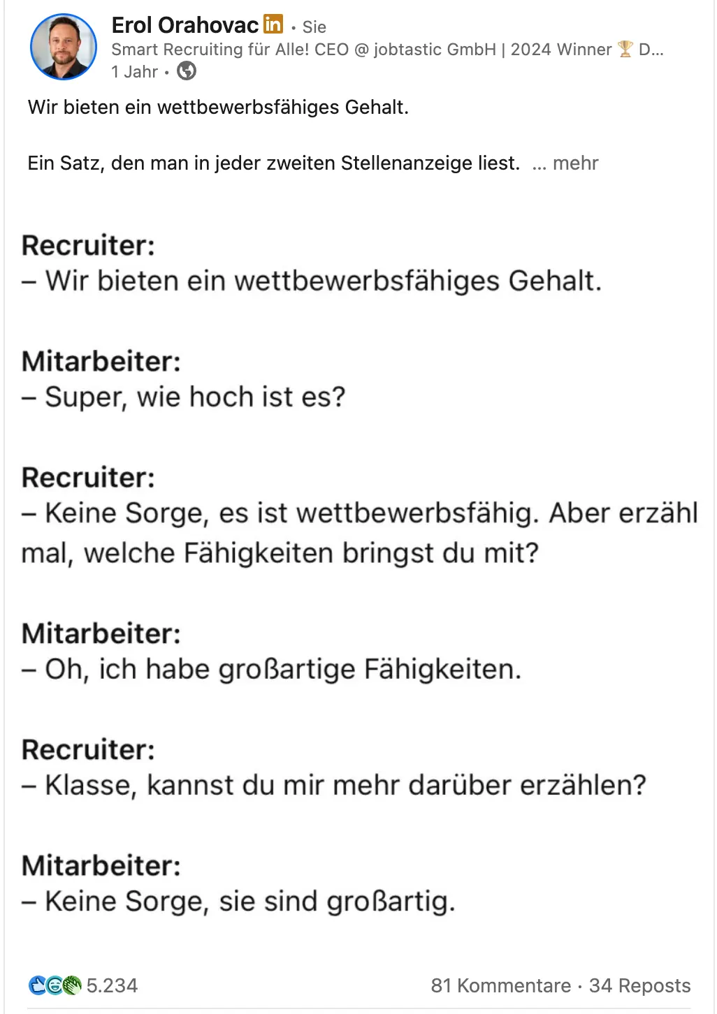 LinkedIn-Beitrag von Erol Orahovac: „Wir bieten ein wettbewerbsfähiges Gehalt“ – der Dialog zwischen Recruiter und Mitarbeiter