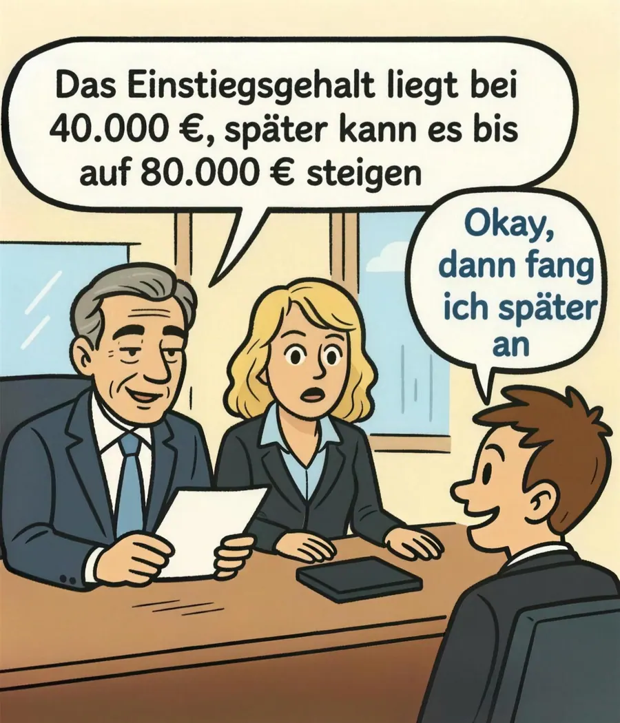 Illustration: Ein Recruiter nennt ein Einstiegsgehalt, der Bewerber antwortet, dann fange er später an.