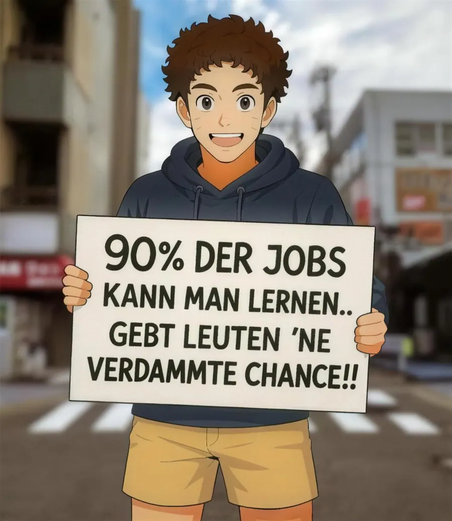 Illustration: Ein junger Mann hält ein Schild: 90 % der Jobs kann man lernen – gebt Leuten 'ne verdammte Chance!