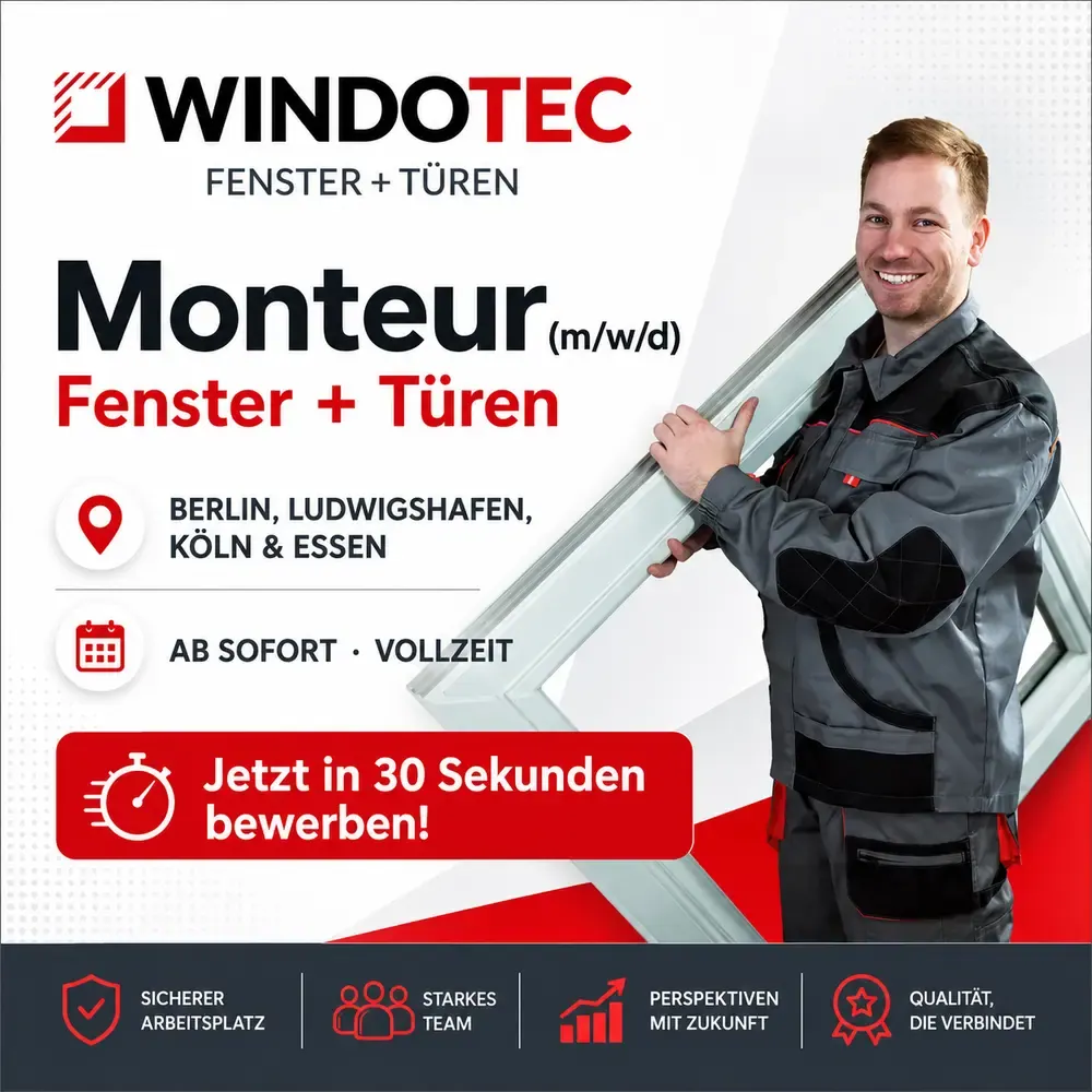 Anzeigenmotiv der Kampagne: WINDOTEC sucht Monteure für Fenster und Türen