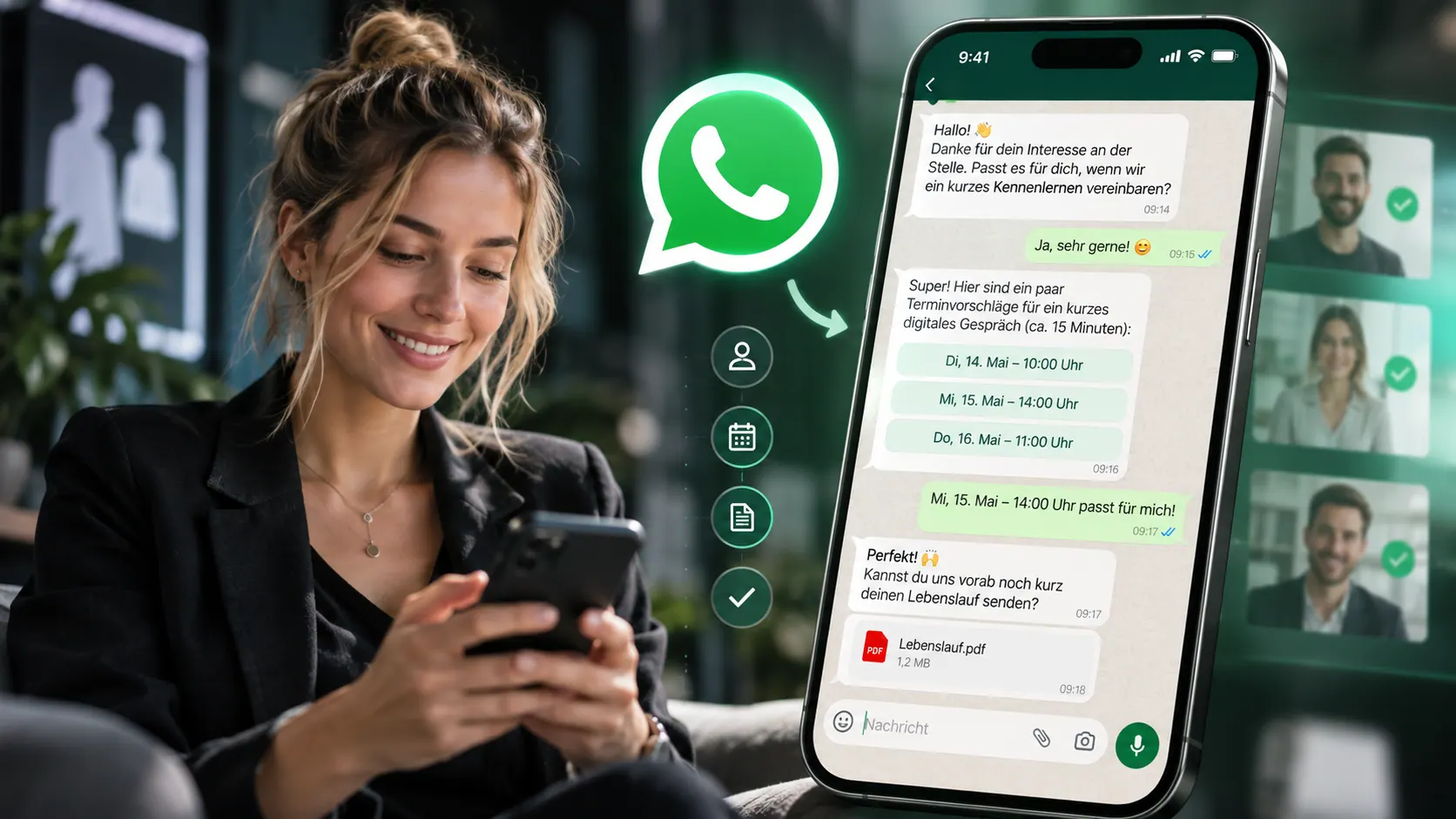 WhatsApp Recruiting: Bewerberin mit Smartphone, daneben der Chat mit Terminvorschlägen und Lebenslauf-Upload